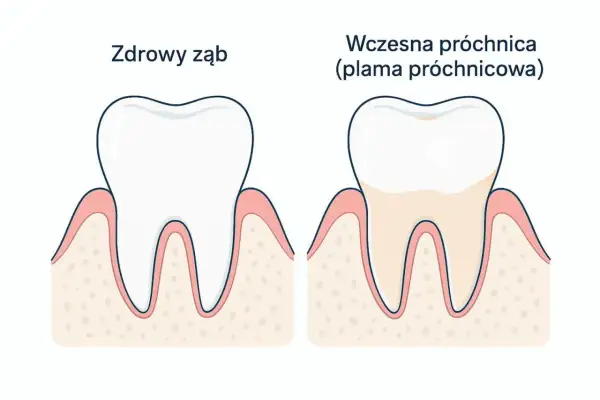 Zdrowy ząb obok zęba z wczesną próchnicą. Wczesne wykrycie plamy próchnicowej to klucz do skutecznego leczenia próchnicy.