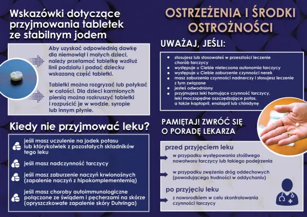 Instrukcja przyjmowania tabletek ze stabilnym jodem, wskazania i przeciwwskazania, w tym dotyczące jodowania tarczycy.